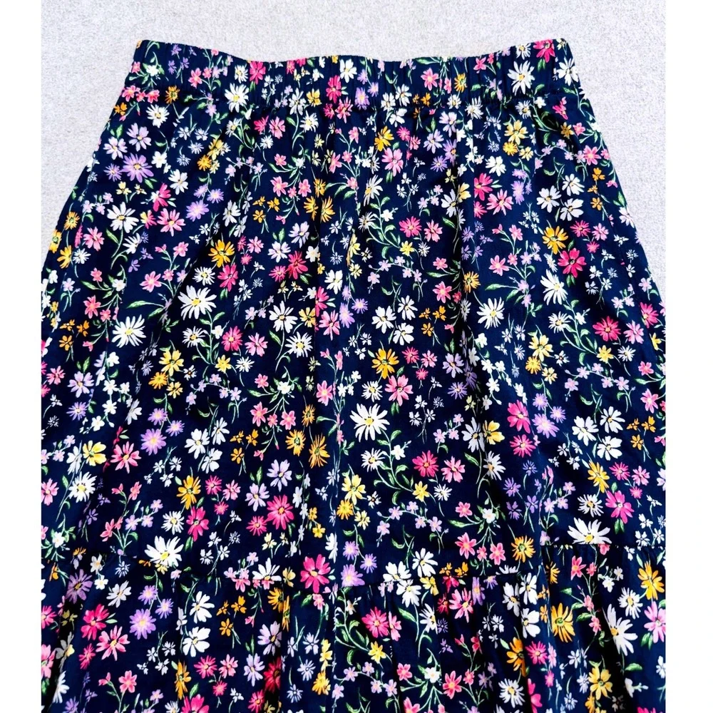 Old Navy Tiered Midi Skirt Kids Size L 10-12 Navy Blue Floral Daisy Ruffle Boho